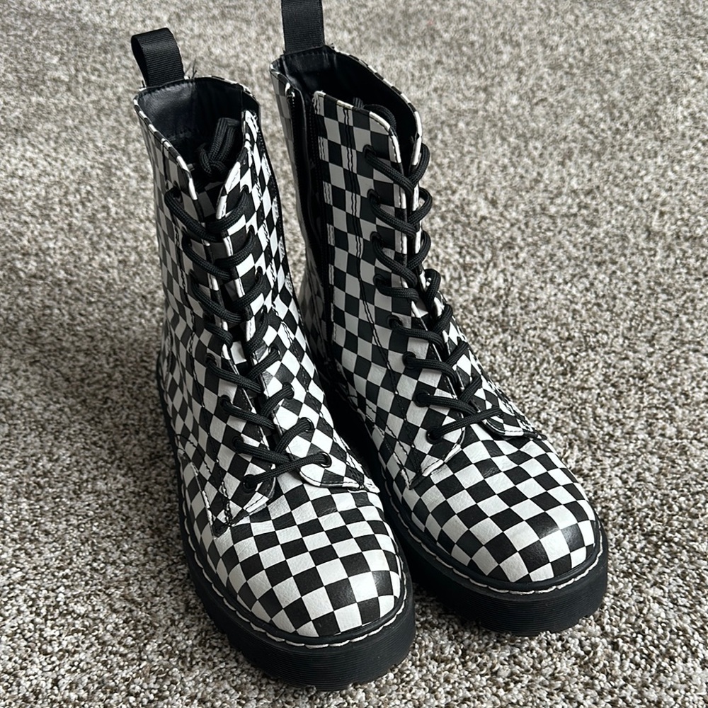 Checkered Black and White Lace-Up Boots
